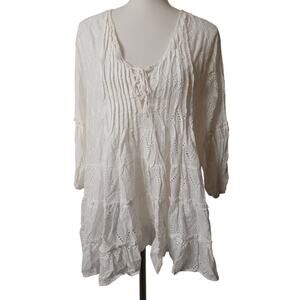 Miho's Italy Eyelet Lace Blouse Pintuck Puff Sleeve Peasant Shirt White OSFM